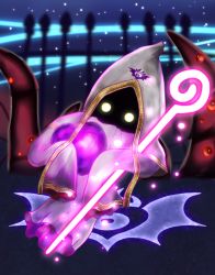 Rule 34 | 118x62z, 1boy, commentary request, dark background, darkness, floating, glowing, glowing eyes, gold trim, heart, hidden face, highres, holding, holding heart, holding spear, holding weapon, hood, hyness, insignia, kirby: star allies, kirby (series), light, light particles, magic, male focus, nintendo, no humans, polearm, robe, solo, space, spear, star (sky), very long sleeves, weapon, white hood, white robe, wide sleeves, yellow eyes