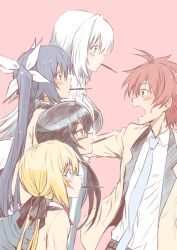 Rule 34 | 1boy, 4girls, black hair, blonde hair, blue eyes, blue hair, blush, bow, bowtie, embarrassed, eye contact, food, glasses, hair between eyes, hair ribbon, harem, iisuna anko, leaning, leaning forward, long hair, looking at another, low twintails, mitsuka souji, mouth hold, multiple girls, naughty face, necktie, open mouth, ore twintail ni narimasu, pink background, pocky, purple eyes, red background, red eyes, red hair, ribbon, school uniform, shindou erina, shy, simple background, smile, sweatdrop, track suit, tsube aika, twintails, twoearle, very long hair, white hair, yuto (dialique)
