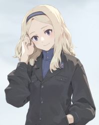Rule 34 | 1girl, adjusting hair, aleksandra i. pokryshkin, black shirt, blonde hair, blouse, blue eyes, blue shirt, brave witches, closed mouth, hairband, hand in pocket, highres, looking at viewer, military, military uniform, shiratama (hockey), shirt, sky, smile, solo, uniform, upper body, world witches series