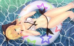 Rule 34 | 1girl, afloat, ahoge, artoria pendragon (all), artoria pendragon (fate), bakanoe, bikini, blonde hair, breasts, cleavage, fate/grand order, fate/unlimited codes, fate (series), from above, green eyes, highres, innertube, looking up, lying, navel, on back, parted lips, partially submerged, ponytail, saber (fate), saber lily, soaking feet, solo, swim ring, swimsuit, water, wet, white bikini