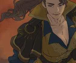 Rule 34 | blue eyes, breasts, brown hair, cleavage, fire emblem, fire emblem: three houses, goldtectonic, judith von daphnel, lips, mature female, nintendo, ponytail, solo, tagme