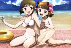 Rule 34 | 00s, 2girls, :d, absurdres, amami haruka, barefoot, bikini, blush, bow, bow bikini, breasts, brown hair, cleavage, clenched hands, cloud, day, eating, eye contact, feet, flat chest, food, green eyes, hagiwara yukiho, hair bow, hand on shoulder, happy, highres, holding, holding hands, idolmaster, idolmaster xenoglossia, inayoshi asako, innertube, looking at another, medium breasts, megami magazine, mountain, multiple girls, navel, non-web source, o-ring, o-ring bikini, o-ring bottom, o-ring top, ocean, official art, open mouth, outdoors, pink bikini, pink bow, popsicle, scan, shadow, shared food, short hair, sitting, sky, smile, soles, swim ring, swimsuit, toe scrunch, toes, towel, water, white bikini, yellow eyes