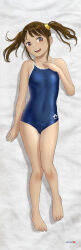 Rule 34 | 1girl, absurdres, arena (company), bare legs, bare shoulders, barefoot, blue one-piece swimsuit, brand name imitation, breasts, brown eyes, brown hair, commentary request, competition school swimsuit, covered navel, dakimakura (medium), feet, from above, full body, highres, legs, logo, long hair, looking at viewer, lying, mu-pyon, on back, one-piece swimsuit, open clothes, open shirt, original, school swimsuit, small breasts, solo, swimsuit, tan, tanline, toenails, toes
