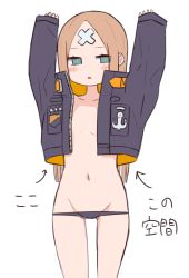 Rule 34 | 1girl, abigail williams (fate), abigail williams (traveling outfit) (fate), absurdres, bandaid, bandaid on face, black jacket, black panties, blonde hair, blush, collarbone, commentary request, fate/grand order, fate (series), flat chest, green eyes, highres, jacket, kopaka (karda nui), long hair, looking at viewer, multicolored clothes, multicolored jacket, navel, official alternate costume, open mouth, orange jacket, panties, parted bangs, simple background, sleeves past wrists, solo, translation request, two-sided fabric, two-sided jacket, two-tone jacket, underwear, white background