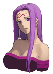Rule 34 | 1girl, b suke, bare shoulders, breasts, cleavage, cropped torso, dress, facial mark, fate/stay night, fate (series), forehead mark, highres, large breasts, long hair, looking at viewer, medusa (fate), medusa (rider) (fate), off-shoulder dress, off shoulder, parted lips, portrait, purple eyes, purple hair, simple background, solo, white background