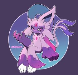 Rule 34 | 1girl, absurdres, animal ears, animal feet, animal hands, animal nose, arm at side, blue background, body fur, border, chest jewel, claws, closed mouth, creatures (company), espeon, fang, fang out, female focus, flat chest, forehead jewel, forked tail, furry, furry female, fusion, game freak, gem, gen 2 pokemon, gradient background, hand up, happy, highres, legs together, looking at viewer, nintendo, outline, outside border, pokemon, pokemon (creature), purple border, purple eyes, purple fur, red gemstone, round image, simple background, sitting, smile, sneasler, solo, tabbz, tail, two-tone fur, white outline