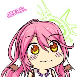 Rule 34 | 1girl, :3, blush stickers, character name, chibi, commentary, spiked halo, cross, gyate gyate, halo, highres, jibril (no game no life), long hair, magic circle, multicolored eyes, no game no life, orange eyes, pink hair, portrait, sections, smile, solo, symbol-shaped pupils, transparent background, wing ears, yellow eyes
