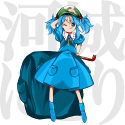 Rule 34 | 1girl, backpack, bag, blue bag, blue eyes, blue footwear, blue hair, blue shirt, blue skirt, boots, cabbie hat, closed mouth, collared shirt, commentary, crowbar, flat cap, frilled shirt collar, frills, full body, green hat, hair bobbles, hair ornament, hand in own hair, harukawa moe (style), hat, highres, holding, holding crowbar, jewelry, kappa, kawashiro nitori, keiki8296, key, key necklace, medium hair, necklace, one eye closed, oversized object, pocket, puffy short sleeves, puffy sleeves, rubber boots, shirt, short sleeves, short twintails, sidelocks, skirt, skirt set, solo, standing, tongue, tongue out, touhou, twintails, two side up