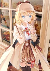 Rule 34 | 1girl, bakery, black thighhighs, blonde hair, blue eyes, blush, brand name imitation, bread, brown coat, brown hat, brown skirt, coat, collar, collared shirt, dessert, detective, display, food, hair ornament, hat, highres, hololive, hololive english, light blush, looking at viewer, medium hair, monocle, nabi (uz02), nail polish, necktie, open clothes, open coat, outdoors, plaid, plaid skirt, pleated skirt, pocket watch, pocky, pocky day, red necktie, reflection, shirt, shirt tucked in, shop, short hair, skirt, solo, thigh strap, thighhighs, virtual youtuber, watch, watson amelia, watson amelia (1st costume), white collar, window