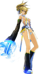 Rule 34 | 1girl, aged up, bare shoulders, bespectacled, blonde hair, boots, breasts, claws, detached sleeves, female focus, genderswap, genderswap (mtf), glasses, green eyes, highres, kagamine len, kagamine len (append), kagamine lenka, kagamine lenka (append), kagamine rin, kagamine rin (append), koutarou (artist), koutarou (farthest), medium breasts, panties, short hair, sideboob, simple background, solo, striped clothes, striped panties, underwear, vocaloid, vocaloid append, white background