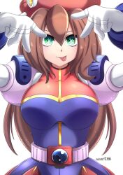 Rule 34 | 1girl, absurdres, breasts, brown hair, closed mouth, double v, female focus, green eyes, highres, iris (mega man), large breasts, looking at viewer, mega man (series), mega man x (series), oshi no ko, parody, robarts hallway, robot girl, star-shaped pupils, star (symbol), symbol-shaped pupils, tagme, tongue, tongue out, v