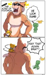 Rule 34 | digimon, digimon (creature), etemon, hat, highres, looking at another, monkey, monkey tail, monzaemon, patamon, sunglasses, tail, takaishi takeru, wings