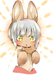 Rule 34 | 1other, blush, eating, food, food on face, furry, highres, holding, holding food, made in abyss, nanachi (made in abyss), short hair, silver hair, solo, taiyaki, upper body, wagashi, whiskers, youms