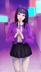 Rule 34 | 1girl, beji-kun, black hair, black skirt, bow, breasts, collared shirt, commentary request, cookie (touhou), earrings, feet out of frame, fingers together, hair bow, highres, hime cut, jacket, jewelry, long hair, long sleeves, looking at viewer, medium breasts, neck ribbon, open mouth, pantyhose, pleated skirt, purple background, purple bow, purple eyes, purple jacket, purple ribbon, ribbon, shirt, shunga youkyu, sidelocks, skirt, smile, solo, star (symbol), star earrings, star sapphire, touhou, white pantyhose, white shirt