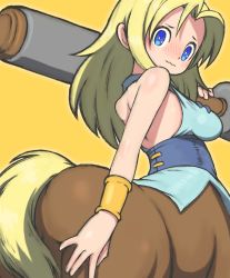 Rule 34 | 1girl, backless outfit, beeru (veil8801), blonde hair, blue eyes, blush, bracelet, centaur, dora (golden axe), embarrassed, female focus, from behind, golden axe, golden axe: the revenge of death adder, halterneck, highres, holding, holding weapon, jewelry, long hair, looking at viewer, looking back, monster girl, orange background, parted bangs, sega, simple background, solo, taur, wavy mouth, weapon