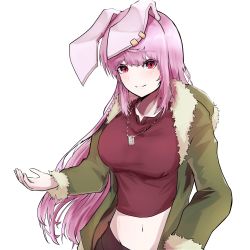 Rule 34 | 1girl, absurdres, alternate costume, animal ears, breasts, closed mouth, earclip, fur trim, green jacket, highres, jacket, jewelry, large breasts, long hair, long sleeves, navel, pendant, pink hair, rabbit ears, red eyes, reisen udongein inaba, simple background, smile, solo, tank top, touhou, upper body, white background, yagoro kusuriya