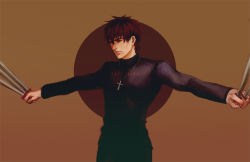 Rule 34 | 1boy, black keys (type-moon), brown background, brown eyes, brown hair, copyright name, cross, cross necklace, dual wielding, fate/zero, fate (series), holding, jewelry, k-rei, kotomine kirei, male focus, necklace, realistic, solo