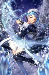 Rule 34 | 1girl, apron, boots, dagger, ekm, fire emblem, fire emblem fates, flora (fire emblem), grey eyes, highres, ice, knife, long hair, maid, maid apron, maid headdress, night, night sky, nintendo, sky, snowflakes, solo, sparkle, thighhighs, tree, twintails, weapon