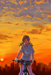 Rule 34 | 10s, 1girl, bicycle, blonde hair, cityscape, cloud, drill hair, female focus, fingerless gloves, gloves, highres, light smile, mahou shoujo madoka magica, mahou shoujo madoka magica (anime), mountain bicycle, outdoors, shirt, shorts, sky, solo, sun, sunset, t-shirt, tears, thighhighs, tomoe mami, white shirt, white thighhighs, xiamianliele, yellow eyes, zettai ryouiki