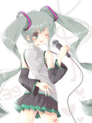 Rule 34 | 1girl, ;d, aqua eyes, aqua hair, detached sleeves, hatsune miku, heart, heart-shaped pupils, long hair, looking back, microphone, one eye closed, open mouth, simple background, skirt, smile, solo, symbol-shaped pupils, tattoo, twintails, umi (umi02), v, very long hair, vocaloid, wink