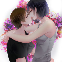 Rule 34 | 1boy, 1girl, akimami, arms around neck, arms around waist, black eyes, black hair, brown hair, couple, eren yeager, eye contact, face-to-face, height difference, hetero, imminent kiss, lips, looking at another, mikasa ackerman, shingeki no kyojin, short hair