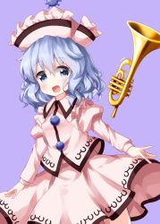 Rule 34 | 1girl, blue hair, buttons, collared shirt, floating, frilled hat, frills, hat, hat ornament, highres, instrument, looking at viewer, medium hair, merlin prismriver, open mouth, pink hat, pink shirt, pink skirt, puffy sleeves, purple background, ruu (tksymkw), shirt, simple background, skirt, skirt set, solo, standing, touhou, trumpet
