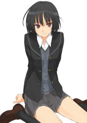 Rule 34 | 1girl, amagami, arm support, black hair, blazer, buttons, full body, jacket, kusaka souji, loafers, long sleeves, looking at viewer, nanasaki ai, open clothes, open jacket, red eyes, school uniform, shoes, short hair, simple background, sitting, solo, unbuttoned, wariza, white background
