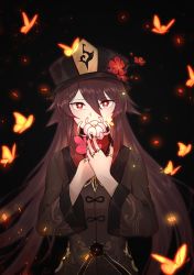 Rule 34 | 1girl, absurdres, black background, black hat, black nails, breasts, brown hair, bug, butterfly, flower, flower-shaped pupils, flower hat, genshin impact, hat, highres, holding, holding flower, hu tao (genshin impact), insect, jewelry, long hair, looking at viewer, nail polish, orange butterfly, orange eyes, ring, solo, stigmamyu, straight-on, symbol-shaped pupils, traditional clothes