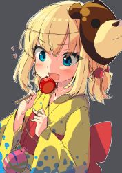 Rule 34 | 1girl, :d, alternate hairstyle, bear mask, black background, blonde hair, blue eyes, candy apple, commentary, fang, festival, food, gingerbullet, girls und panzer, hair bobbles, hair ornament, heart, highres, holding, holding food, japanese clothes, katyusha (girls und panzer), kimono, long sleeves, low twintails, mask, mouth mask, obi, open mouth, print kimono, sash, short hair, smile, solo, twintails, upper body, water yoyo, wide sleeves, yellow kimono