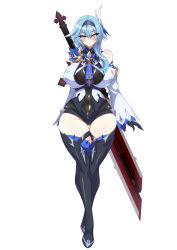 Rule 34 | 1girl, absurdres, black footwear, black gloves, black hairband, black leotard, blue hair, blue necktie, blush, boots, breasts, closed mouth, clothing cutout, contrapposto, covered erect nipples, curvy, eula (genshin impact), full body, genshin impact, gloves, greatsword, groin, hairband, highres, huge breasts, leotard, looking at viewer, medium hair, necktie, oguwooo, shoulder cutout, simple background, solo, standing, sword, sword behind back, thick thighs, thigh boots, thighhighs, thighs, weapon, white background, wide hips, yellow eyes