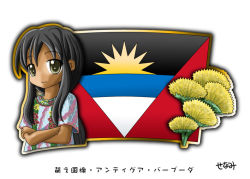 Rule 34 | 1girl, antigua and barbuda, black hair, crossed arms, dark skin, flag, flower, murakami senami