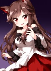 Rule 34 | 1girl, :p, animal ear fluff, animal ears, bare shoulders, blush, breasts, brooch, brown hair, collarbone, commentary request, cowboy shot, fingernails, gradient background, highres, imaizumi kagerou, jewelry, large breasts, long hair, long sleeves, looking at viewer, nail polish, off-shoulder shirt, off shoulder, purple background, red eyes, red nails, red skirt, ruu (tksymkw), sharp fingernails, shirt, sidelocks, skirt, smile, solo, tongue, tongue out, touhou, very long hair, white shirt, wide sleeves, wolf ears