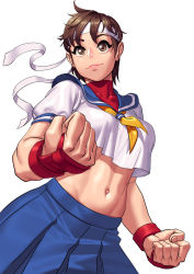Rule 34 | 1girl, bare arms, blue sailor collar, breasts, brown eyes, brown hair, capcom, clenched hands, closed mouth, cowboy shot, crop top, crop top overhang, cropped shirt, grey background, headband, highres, kasugano sakura, lips, looking at viewer, lyoung0j, midriff, navel, neckerchief, sailor collar, school uniform, serafuku, shirt, short hair, short sleeves, simple background, skirt, smile, solo, stomach, street fighter, turtleneck