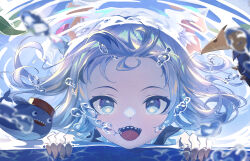 1girl absurdres blowing_bubbles blue_eyes blue_hair blurry bubble close-up commentary depth_of_field forehead future_cake gawr_gura highres hololive hololive_english looking_at_viewer open_mouth partially_submerged sharp_teeth smile solo teeth underwater virtual_youtuber