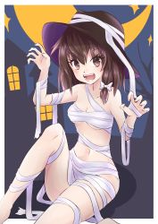 Rule 34 | 1girl, :d, absurdres, bandaged leg, bandages, bare tree, black hat, blush, border, bow, breasts, brown eyes, brown hair, building, chest sarashi, claw pose, cleavage, commentary request, crescent moon, eyelashes, fangs, fedora, feet out of frame, hair between eyes, hair bow, hands up, hat, highres, knee up, looking at viewer, moon, naked bandage, navel, night, night sky, open mouth, outdoors, outside border, ramie (ramie541), sarashi, short hair, sitting, sky, small breasts, smile, solo, stomach, thighs, touhou, tree, usami renko, white border, white bow