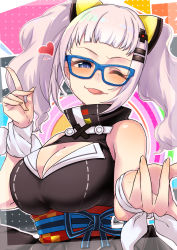 Rule 34 | 1girl, ;p, blue-framed eyewear, blue eyes, blunt bangs, blush, breasts, cleavage, cleavage cutout, clothing cutout, commentary request, framed breasts, glasses, hair ornament, head tilt, highres, kaguya luna, looking at viewer, medium breasts, morino shoutarou, obi, one eye closed, purple eyes, ribbon, sash, short hair, silver hair, solo, the moon studio, tongue, tongue out, twintails, upper body, virtual youtuber, white ribbon, wrist ribbon, x hair ornament