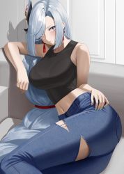 Rule 34 | 1girl, absurdres, alternate costume, arm rest, bare shoulders, black tank top, blue eyes, blue hair, blue nails, blush, bra visible through clothes, braid, bralines, breasts, couch, crop top, denim, earrings, genshin impact, hair ornament, highres, jeans, jewelry, large breasts, leaning to the side, leavv, light blue hair, long hair, low-braided long hair, low-tied long hair, midriff, nail polish, navel, on couch, pants, parted lips, shenhe (genshin impact), sitting, solo, tank top, tassel, tassel earrings, thighs, torn clothes, torn jeans, torn pants, very long hair