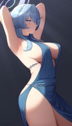 Rule 34 | 1girl, absurdres, ako (blue archive), ako (dress) (blue archive), armpits, arms behind head, arms up, backless dress, backless outfit, bare shoulders, blue archive, blue dress, blue eyes, blue hair, blue halo, blush, breasts, cleavage, dress, hair between eyes, hairband, halo, highres, large breasts, long hair, looking at viewer, multicolored halo, official alternate costume, plunging neckline, sideboob, sideless dress, simple background, sleeveless, sleeveless dress, solo, thighs, twitter username, two-tone halo, underboob, yisusjpl