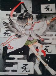 Rule 34 | 1other, bird wings, black background, black eyes, black hair, black headwear, black wings, closed mouth, commentary, danmaku, detached sleeves, english commentary, eye of senri, feathered wings, full body, gradient wings, green hakama, green skirt, gud 490811, hairband, hakama, hakama short skirt, hakama skirt, hand on own chin, hat, hat ribbon, highres, holding rod, japanese clothes, kariginu, len&#039;en, long sleeves, looking at viewer, multicolored wings, nail polish, ofuda, ofuda on clothes, painting (medium), photo (medium), red nails, red ribbon, ribbon, senri tsurubami, short hair, skirt, smile, socks, solo, spell card, traditional media, two-tone background, watercolor (medium), white background, white hairband, white sleeves, white socks, white wings, wide sleeves, wings