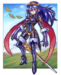 Rule 34 | 1girl, adapted costume, alternate costume, blue eyes, blue footwear, blue gloves, blue hair, blue leotard, blue sky, bodysuit, boots, cape, closed mouth, cloud, covered erect nipples, day, elbow gloves, eyebrows, eyelashes, fire emblem, fire emblem awakening, full body, gloves, grass, hairband, high heels, highres, holding, holding sword, holding weapon, leaf, leotard, long hair, lucina (fire emblem), mountain, nintendo, oomasa teikoku, orange hairband, outdoors, pantyhose, purple thighhighs, sidelocks, skin tight, sky, smile, solo, sword, thigh boots, thighhighs, tight clothes, weapon