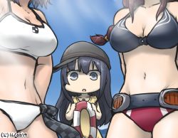 Rule 34 | 10s, 3girls, akatsuki (kancolle), anchor symbol, bikini, black hair, blue sky, braid, breast envy, breasts, brown hair, checkered clothes, checkered necktie, checkered neckwear, collarbone, commentary, dated, day, flat cap, hair between eyes, hamu koutarou, hat, head out of frame, ichininmae no lady, kantai collection, large breasts, lifebuoy, long hair, multiple girls, navel, necktie, noshiro (kancolle), one-piece swimsuit, out of frame, sky, swim ring, swimsuit, tenryuu (kancolle), white bikini