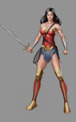 Rule 34 | 1girl, armband, armor, artist request, black hair, blue eyes, dc comics, dccu, female focus, forehead protector, full body, grey background, highres, lasso, lasso of truth, pteruges, simple background, solo, standing, sword, vambraces, weapon, wonder woman, wonder woman (series)