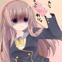 Rule 34 | 1girl, :t, absurdres, alternate costume, black jacket, blue eyes, bow, breasts, cellphone, closed mouth, commentary, empty eyes, eyes visible through hair, furrowed brow, grey sailor collar, hair between eyes, hair down, hair over shoulder, hairband, hand up, hashtag-only commentary, highres, holding, holding phone, jacket, large breasts, light blush, light brown background, long hair, long sleeves, misu t (ccc), phone, plaid hairband, red hairband, sailor collar, sanoba witch, school uniform, selfie, shaded face, shiiba tsumugi, sick, sidelocks, simple background, smartphone, solo, sound effects, straight hair, sweat, tareme, upper body, very long hair, wavy mouth, yellow bow