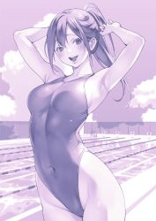 Rule 34 | 1girl, absurdres, breasts, cloud, commentary request, competition swimsuit, covered navel, cowboy shot, day, fence, highleg, highleg swimsuit, highres, lane line, long hair, macosee, medium breasts, monochrome, one-piece swimsuit, open mouth, original, outdoors, ponytail, pool, purple theme, sky, smile, solo, starting block, swimsuit