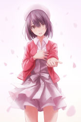 Rule 34 | 1girl, :d, blush, breasts, brown eyes, buttons, commentary, dress shirt, hand on own chest, hat, highres, jacket, katou megumi, looking at viewer, medium breasts, open mouth, outstretched arm, petals, purple hair, red jacket, redpoke, ribbon, saenai heroine no sodatekata, shirt, short hair, skirt, smile, solo, white shirt, white skirt