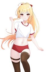 Rule 34 | 1girl, absurdres, blonde hair, brown thighhighs, buruma, eimon, fortissimo, hair ornament, highres, hololive, hololive dev is, long hair, midriff, musical note, musical note hair ornament, navel, otonose kanade, ponytail, red buruma, red eyes, shirt, smile, thigh strap, thighhighs, virtual youtuber, white background, white shirt