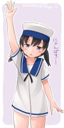 Rule 34 | 1girl, black hair, blue collar, blue sailor collar, collar, commentary request, dress, grey background, hand up, hat, kantai collection, one-hour drawing challenge, purple eyes, ray.s, sailor collar, sailor dress, sailor hat, short hair, short sleeves, shounan (kancolle), solo, twintails, white dress, white hat