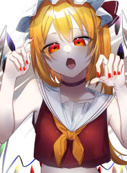 Rule 34 | 1girl, bare shoulders, black choker, blonde hair, choker, collarbone, commentary request, crop top, crystal, eringi (rmrafrn), fangs, flandre scarlet, hair between eyes, hands up, hat, highres, long hair, looking at viewer, mob cap, nail polish, neckerchief, one side up, open mouth, orange neckerchief, red eyes, red nails, red shirt, sailor collar, shirt, sleeveless, sleeveless shirt, solo, touhou, very long hair, white hat, white sailor collar, wings