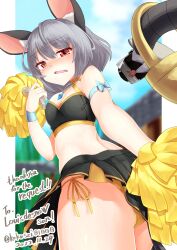 Rule 34 | 1girl, absurdres, animal ears, basket, black skirt, blurry, blurry background, blush, breasts, camera, cheerleader, cleavage, commentary, commission, english text, grey hair, highres, holding, holding camera, holding pom poms, jewelry, kuroboshi kouhaku, looking at viewer, looking back, medium breasts, mouse (animal), mouse ears, mouse girl, mouse tail, nazrin, open mouth, outdoors, panties, pendant, pom pom (cheerleading), pom poms, red eyes, second-party source, short hair, skeb commission, skirt, tail, touhou, underwear, yellow panties
