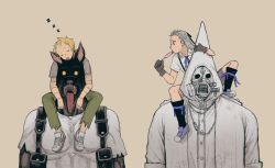 Rule 34 | 1girl, 3boys, aged down, black socks, blank eyes, blonde hair, brown background, cable, candy, carrying, chin rest, dog, dorohedoro, duston (dorohedoro), food, furry, furry male, gas mask, gloves, green pants, grey gloves, grey hair, grey shirt, guragura, hair ribbon, half updo, head on head, head rest, highres, holding, holding food, hood, hood up, ki (mxxxx), knee up, kneehighs, licking, lollipop, long hair, mask, multiple boys, neck ribbon, noi (dorohedoro), open mouth, pants, purple footwear, purple ribbon, red eyes, ribbon, shin (dorohedoro), shirt, shoes, shoulder carry, side-by-side, simple background, size difference, sleeping, sleeping upright, sneakers, socks, star (symbol), stitched arm, stitched fingers, stitches, swirl lollipop, toned, toned male, tongue, tongue out, torn clothes, torn sleeves, white footwear, white shirt, zzz